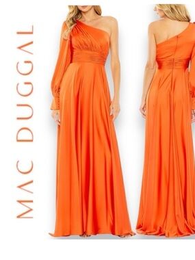 NWT Mac Duggal One Shoulder Bishop Sleeve Flowy Gown in Spice sz4